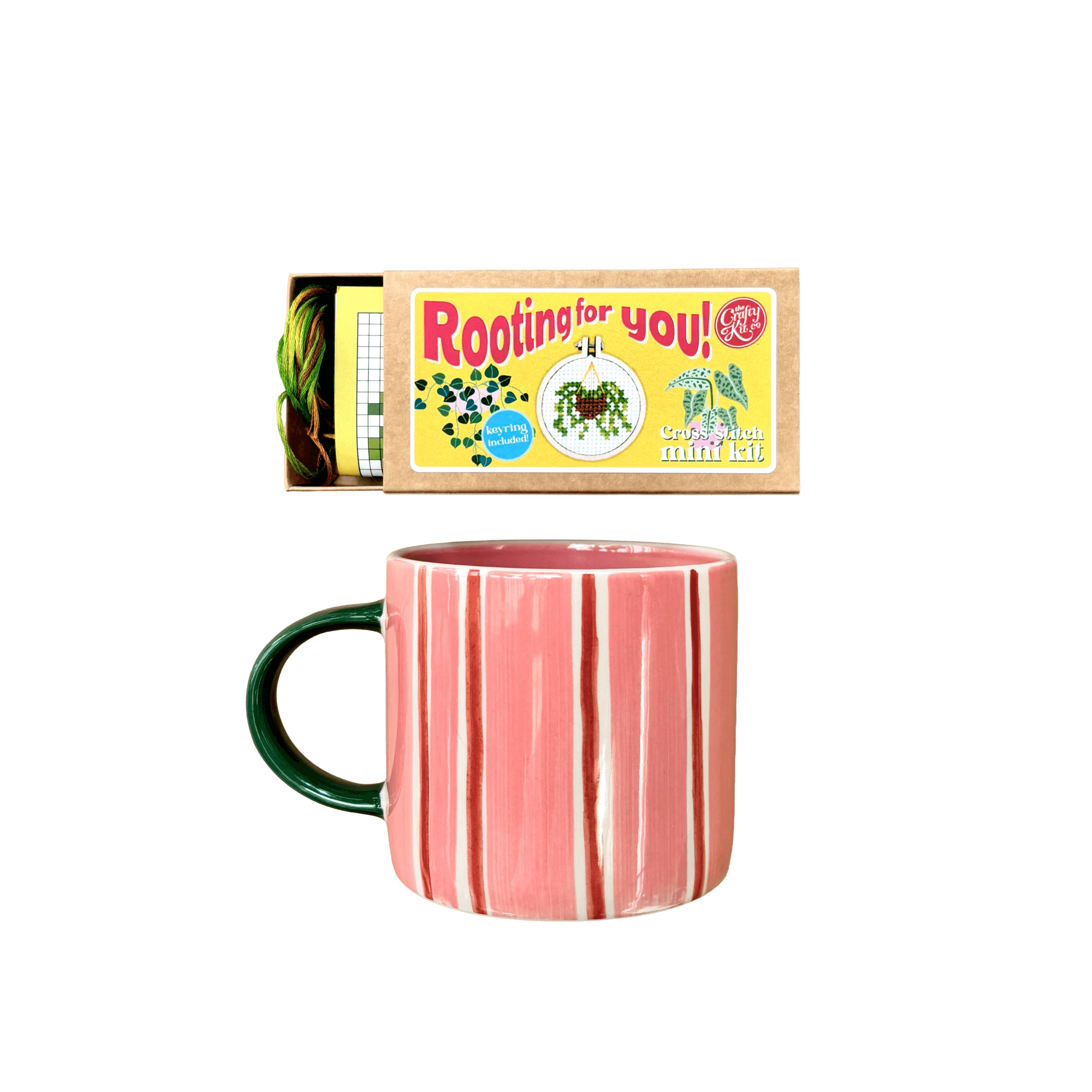Crafty Co Mini Matchbox Cross Stitch Kit - Rooting For You! design Jones & Co Mug Bloomie Pink Stripe Pick-Me-Up Cup Gift Set